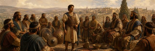 Young Saul standing with shields among assembled Benjaminite relatives and elders